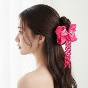 12Pcs Large Grosgrain Ribbon Hair Bows with Corker Streamers for Girls – 15cm Floral Print Hair Clips (HC-26982S)