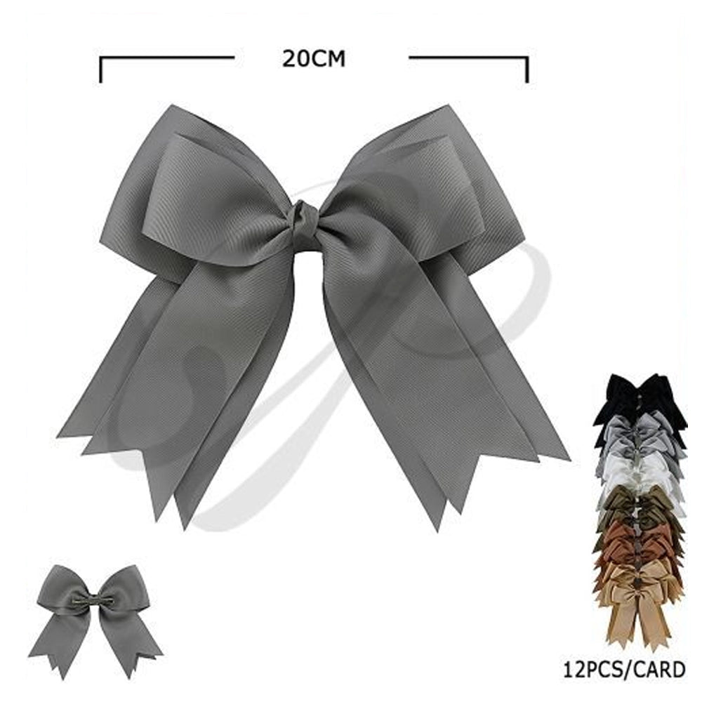 12-Pack Oversized Grosgrain Hair Bows - 20cm Large Boutique Ribbon Clips for Women & Girls - Assorted Neutral Colors (Black, White, Brown, Grey) (HC-28144W)
