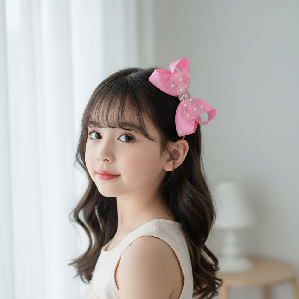 12pc Large Pearl & Rhinestone Grosgrain Hair Bow Clips Set (15 cm / 6 Inch) – Colorful Boutique Hair Accessories for Girls, Kids, and Women (HC-28194H)