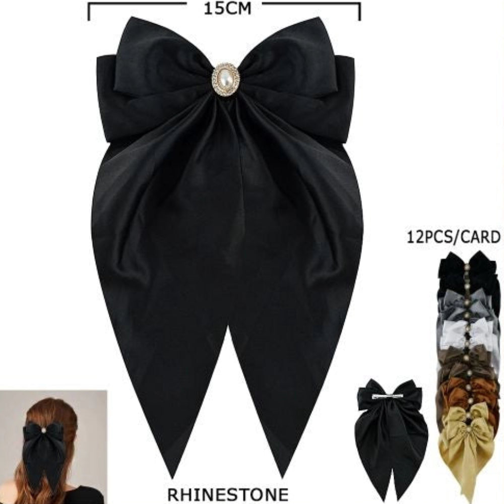 Elegant Oversized Satin Bow Hair Clip with Rhinestone Center - 12 Piece Set (HC-28726W)