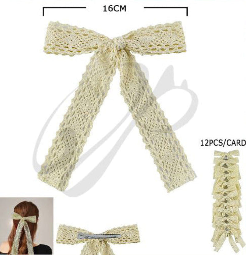 French Lace Long Tail Hair Bow Clip - Vintage Crochet Style Accessory