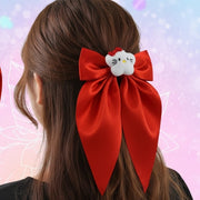 Ultra-Oversized Long Tail Satin Bow Clip with Plush Kitten Accent