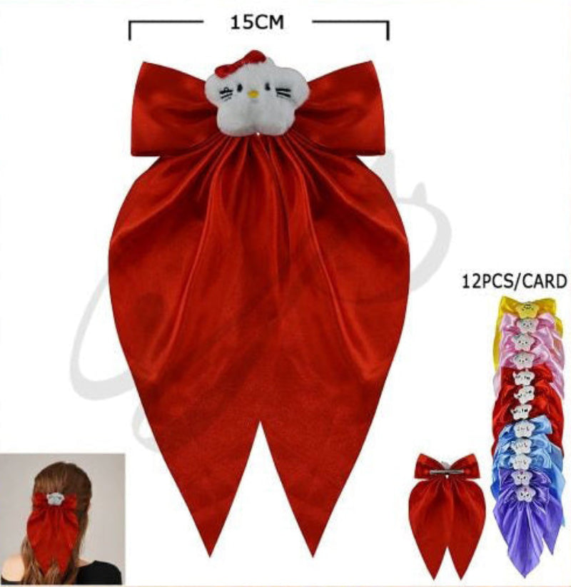 Ultra-Oversized Long Tail Satin Bow Clip with Plush Kitten Accent