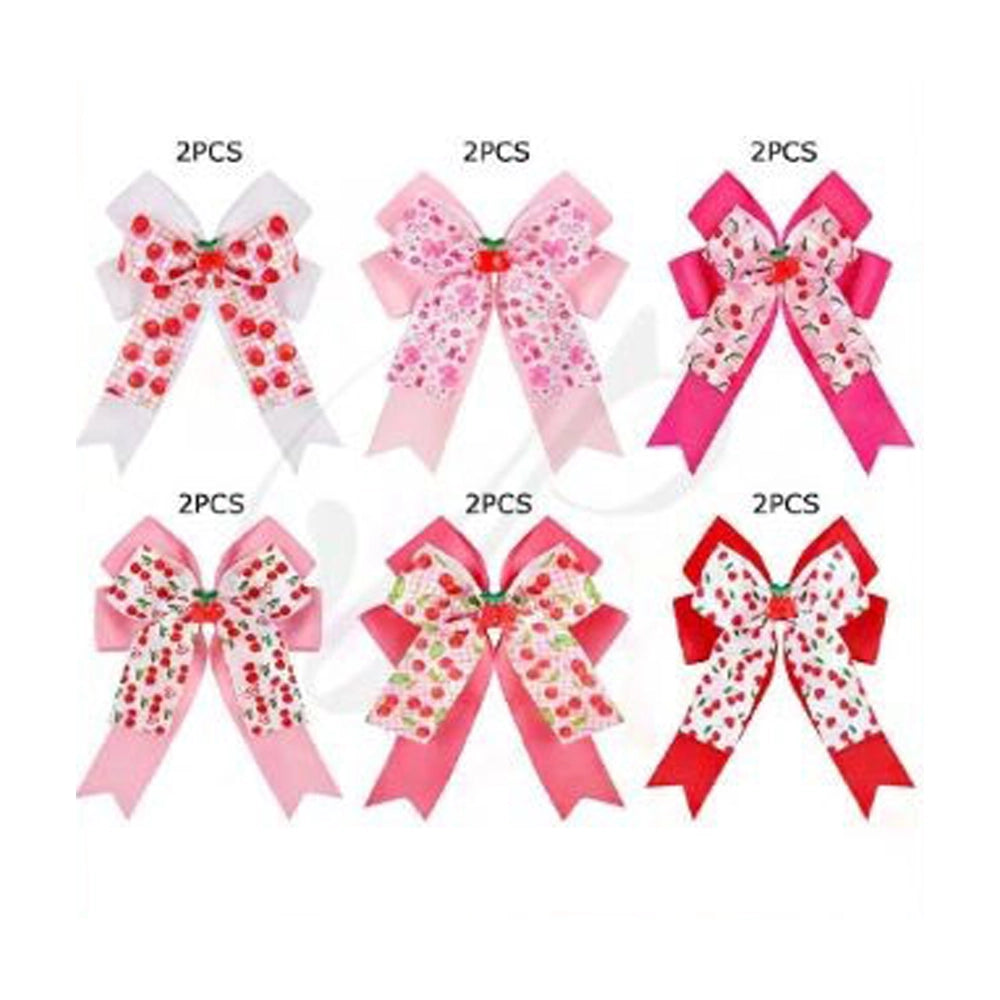 Oversized Pink Print Hair Bow (18CM) with Cherry Charm - Kawaii Coquette Clip