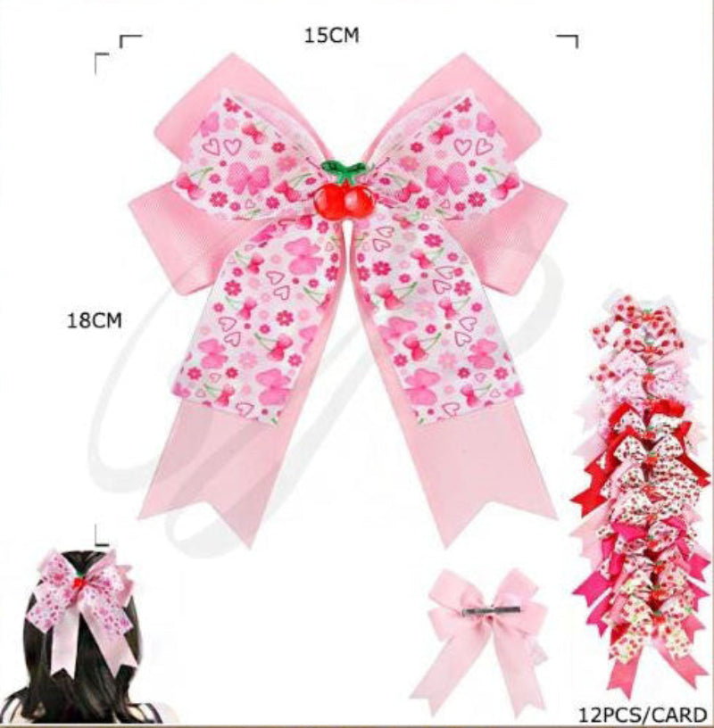 Oversized Pink Print Hair Bow (18CM) with Cherry Charm - Kawaii Coquette Clip
