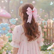 Oversized Pink Print Hair Bow (18CM) with Cherry Charm - Kawaii Coquette Clip
