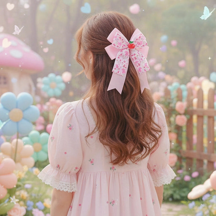 Oversized Pink Print Hair Bow (18CM) with Cherry Charm - Kawaii Coquette Clip