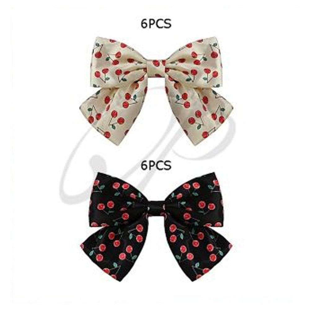Large Cherry Print Hair Bows - 15cm Oversized Satin Ribbon Hair Clips - Retro Rockabilly Aesthetic Hair Accessories (HC-29387BW)
