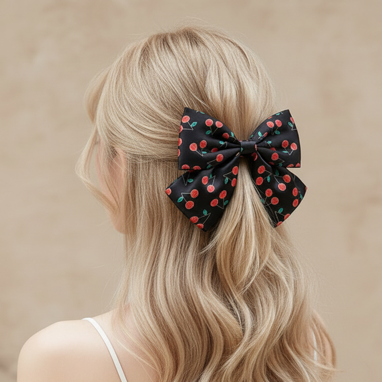 Large Cherry Print Hair Bows - 15cm Oversized Satin Ribbon Hair Clips - Retro Rockabilly Aesthetic Hair Accessories (HC-29387BW)