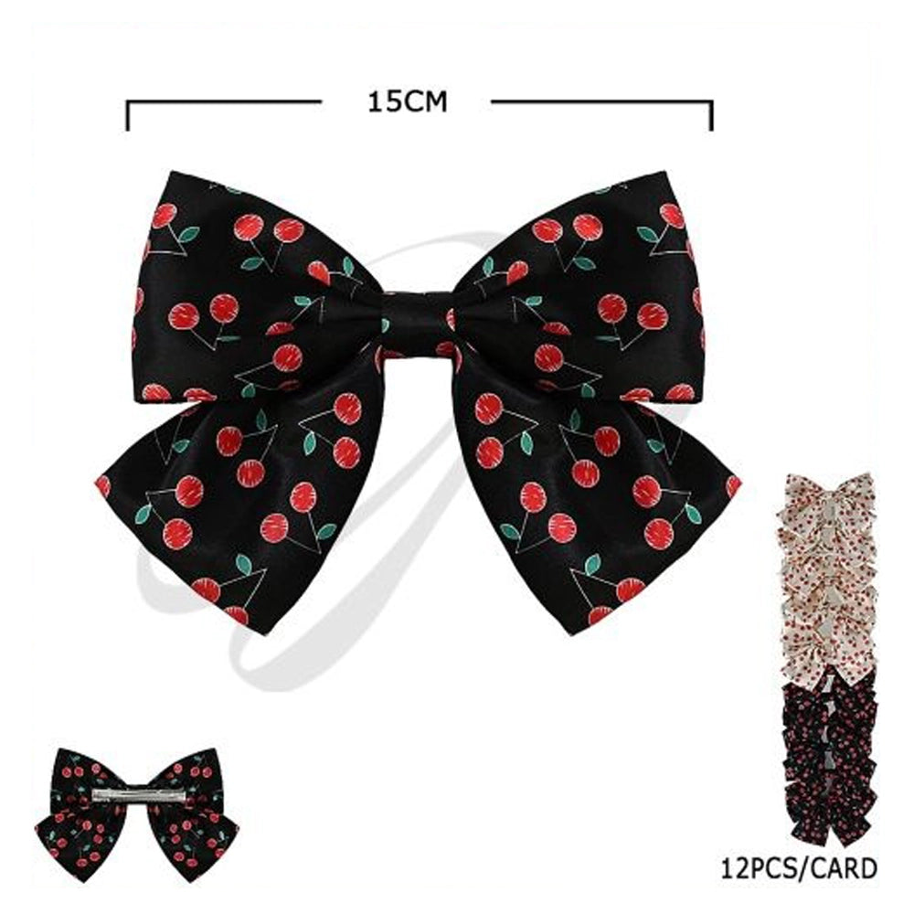 Large Cherry Print Hair Bows - 15cm Oversized Satin Ribbon Hair Clips - Retro Rockabilly Aesthetic Hair Accessories (HC-29387BW)