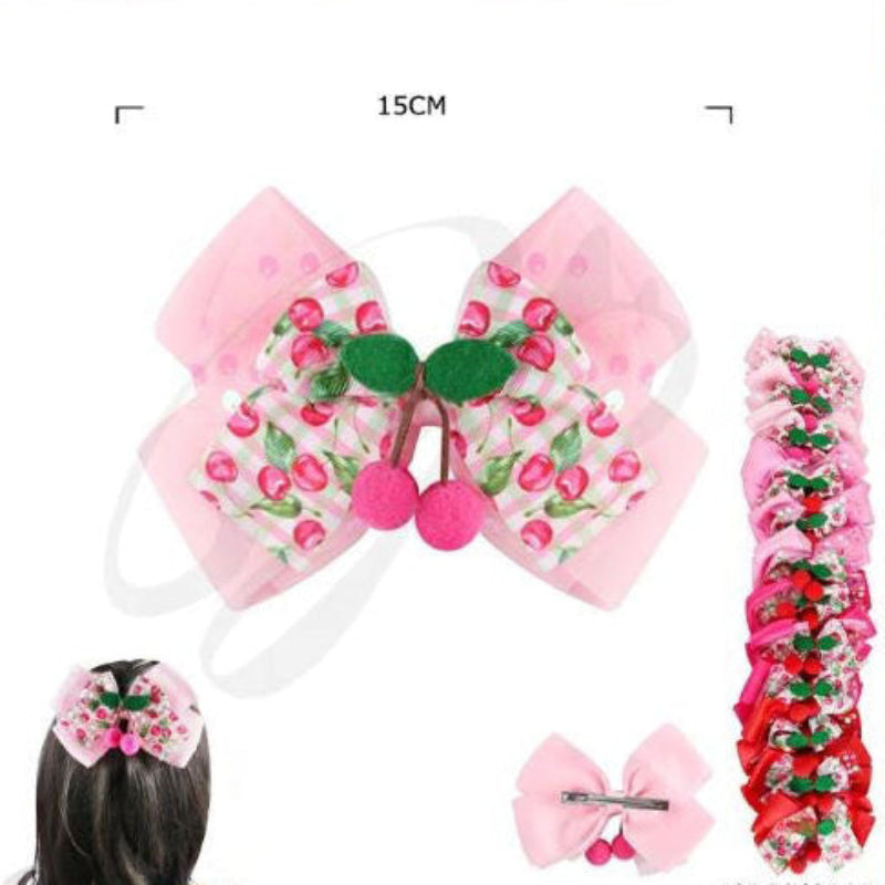 Sweet Cherry Plaid Hair Bow (15CM) with Plush Pom-Pom Accents - Kawaii Coquette Style  Product Description