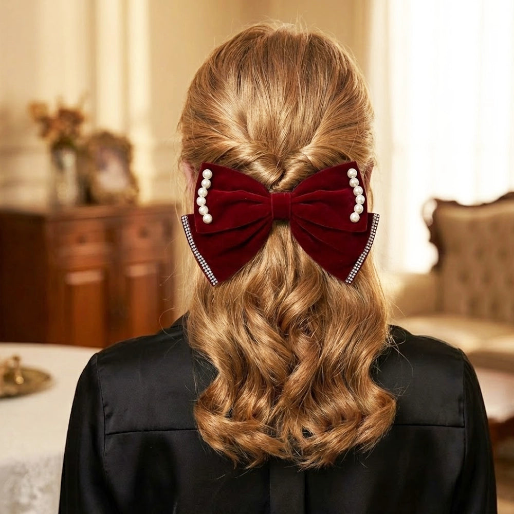 Elegant Velvet Bow Hair Clips with Pearl & Rhinestone Accents (HC-29474M)