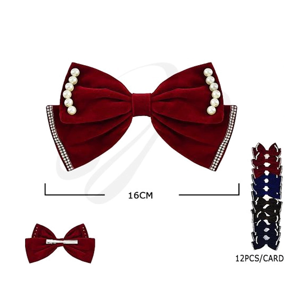 Elegant Velvet Bow Hair Clips with Pearl & Rhinestone Accents (HC-29474M)