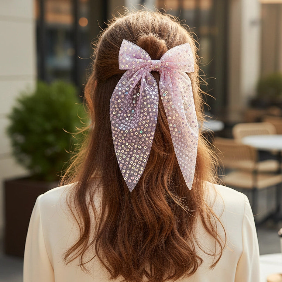 Oversized Sparkling Mesh Hair Bow - 15cm Sequin Tulle Butterfly Bow Clip for Girls and Women (HC-29476P)
