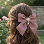 Elegant 15cm Chiffon Bow Hair Clip with Dangling Pearl & Rhinestone Center