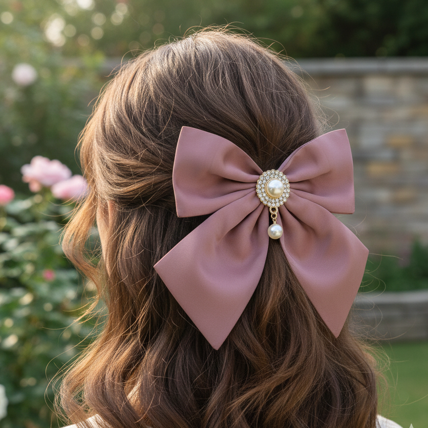 Elegant 15cm Chiffon Bow Hair Clip with Dangling Pearl & Rhinestone Center