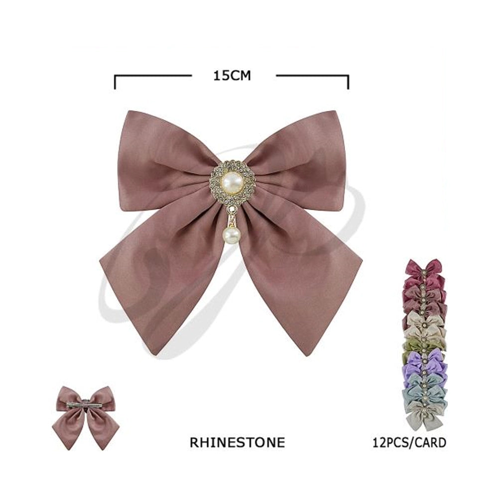 Elegant 15cm Chiffon Bow Hair Clip with Dangling Pearl & Rhinestone Center