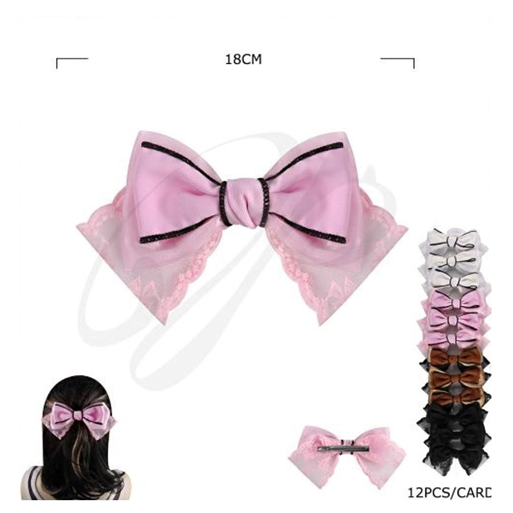 Large Coquette Lace Bow Clip - Scalloped Edge Ribbon Hair Accessory for Balletcore and French-Style Styling (HC-29498D)