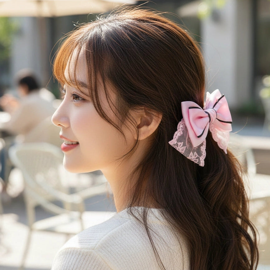 Large Coquette Lace Bow Clip - Scalloped Edge Ribbon Hair Accessory for Balletcore and French-Style Styling (HC-29498D)