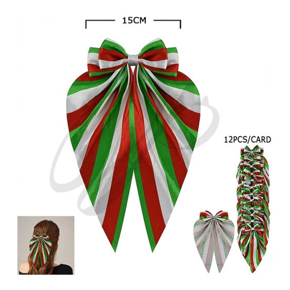 Jumbo Striped Satin Christmas Bow Clip (15cm) - Dramatic Holiday Streamer