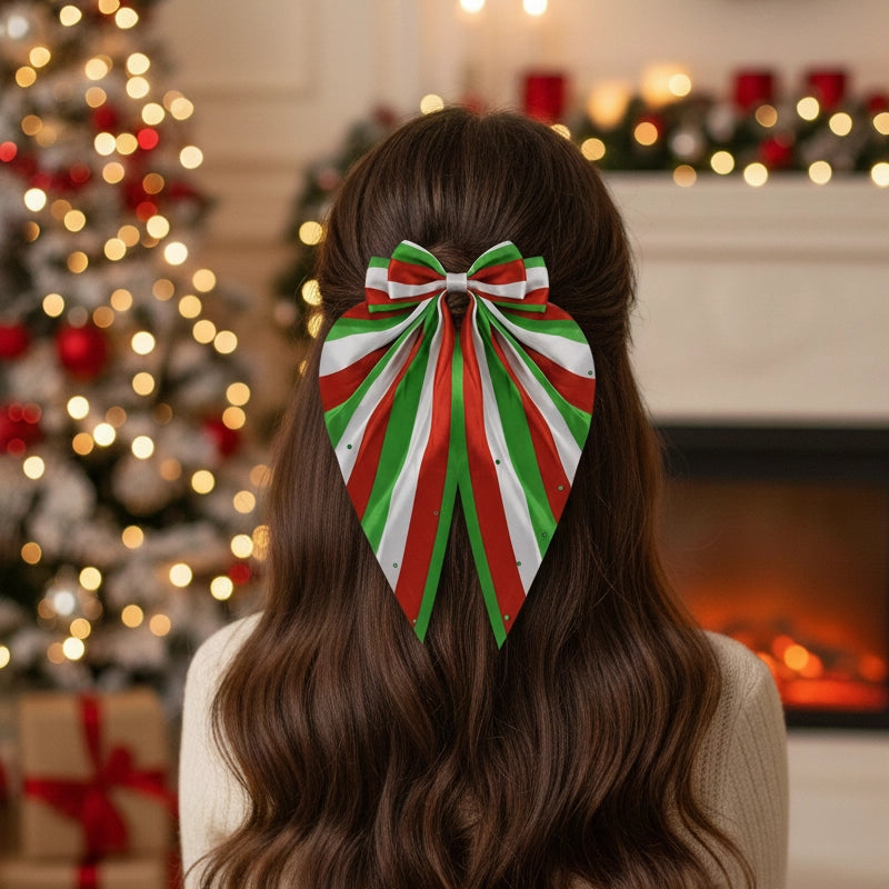 Jumbo Striped Satin Christmas Bow Clip (15cm) - Dramatic Holiday Streamer