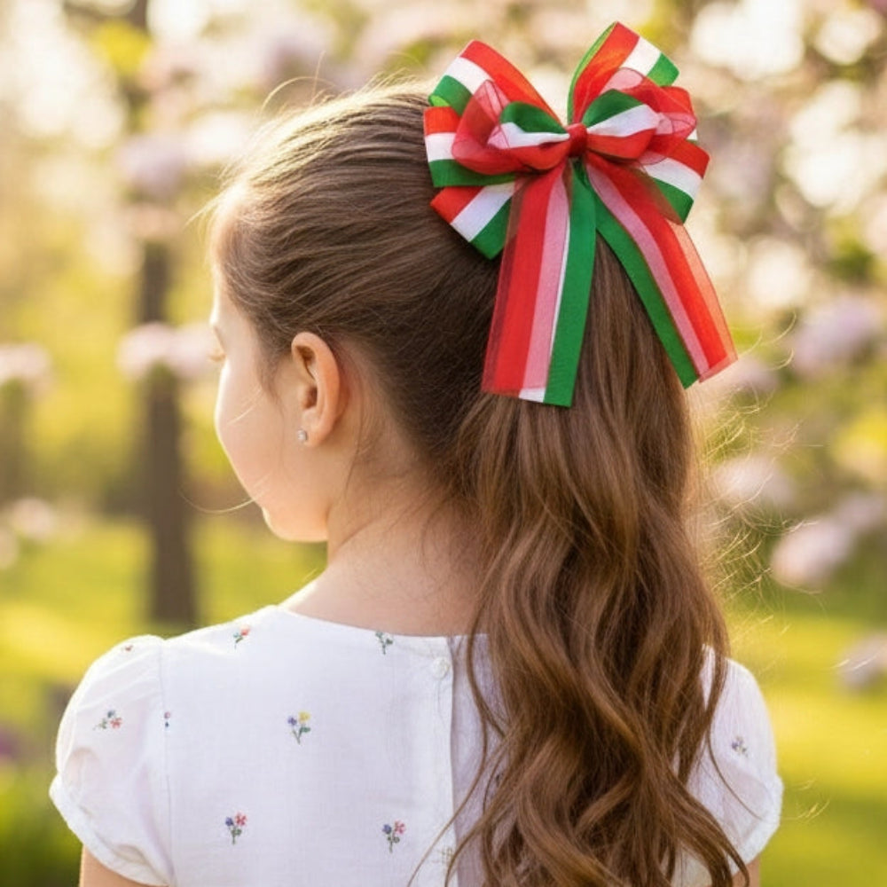 Mexican Patriot Tricolor Hair Bows - 12 Piece Bulk Set (HC-29504ME)