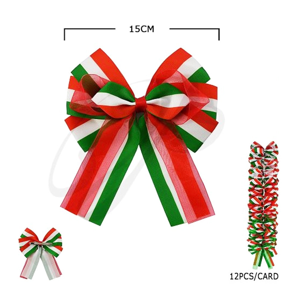Mexican Patriot Tricolor Hair Bows - 12 Piece Bulk Set (HC-29504ME)