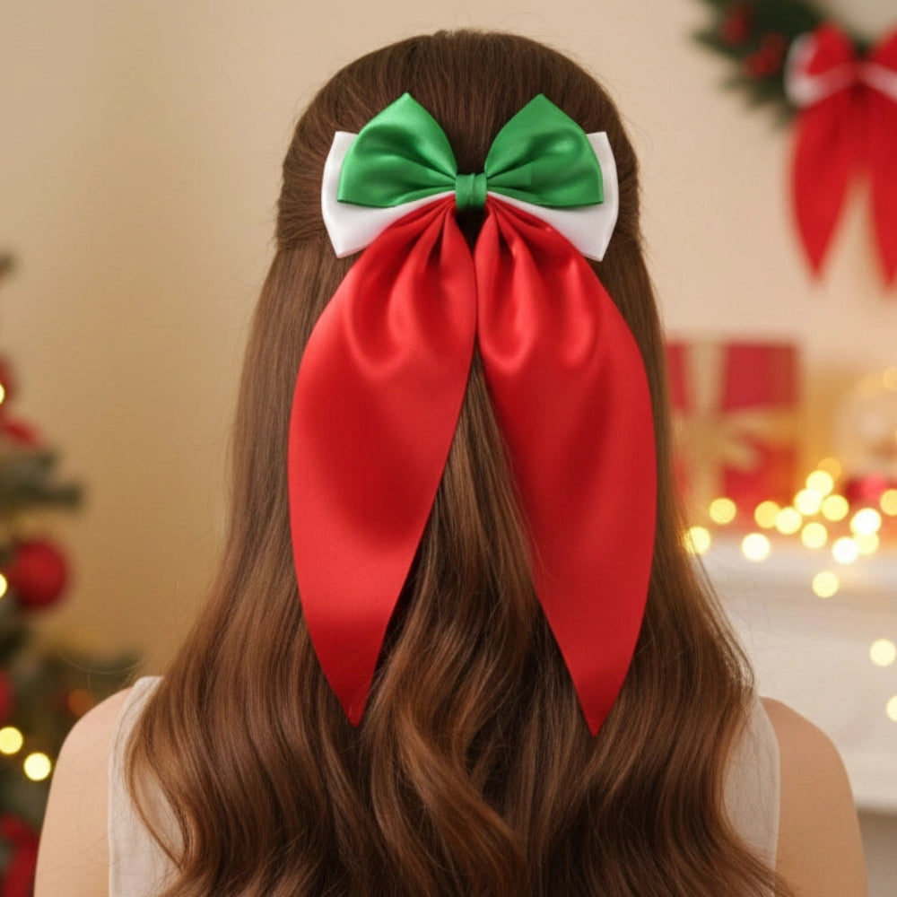 Jumbo Satin Christmas Bow Clip (15cm) - Ultra-Long Tail Holiday Statement