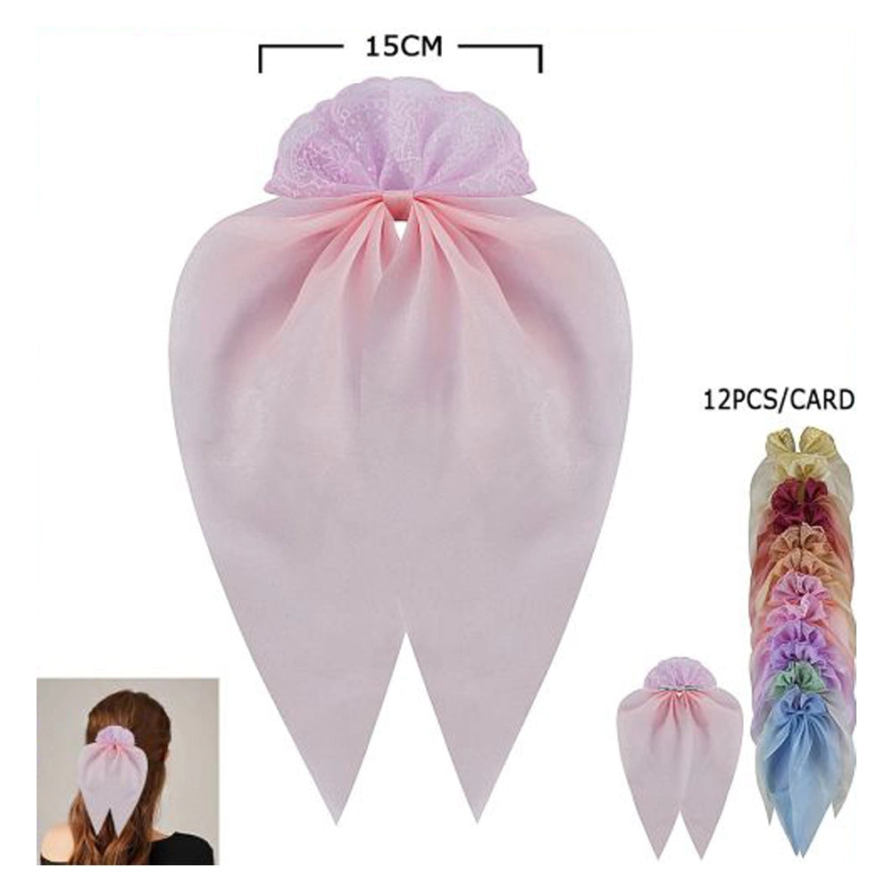 Elegant Organza Bow Hair Scarf - Sheer Floral Ribbon Hair Tie (HC-29530BN)