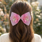 15cm Large Organza Layered Hair Bows with Floral Ribbon and Rhinestone Center – 12 Pieces Colors (HC-29534P)