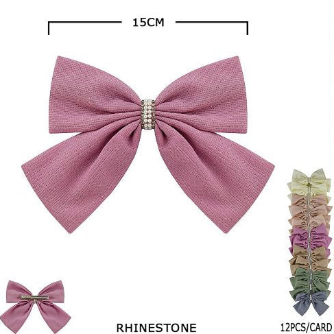 Elegant 15cm Textured Fabric Bow with Rhinestone & Pearl Center – 12pc Assorted Set HC-29536KN