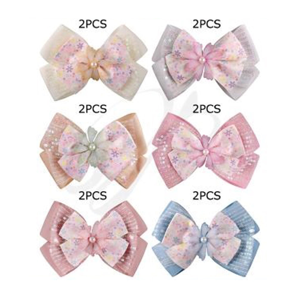 Large 6-Inch Floral Layered Hair Bow with Pearl Center - 15cm Sequin & Organza Alligator Clips for Women and Girls (HC-29539KN)