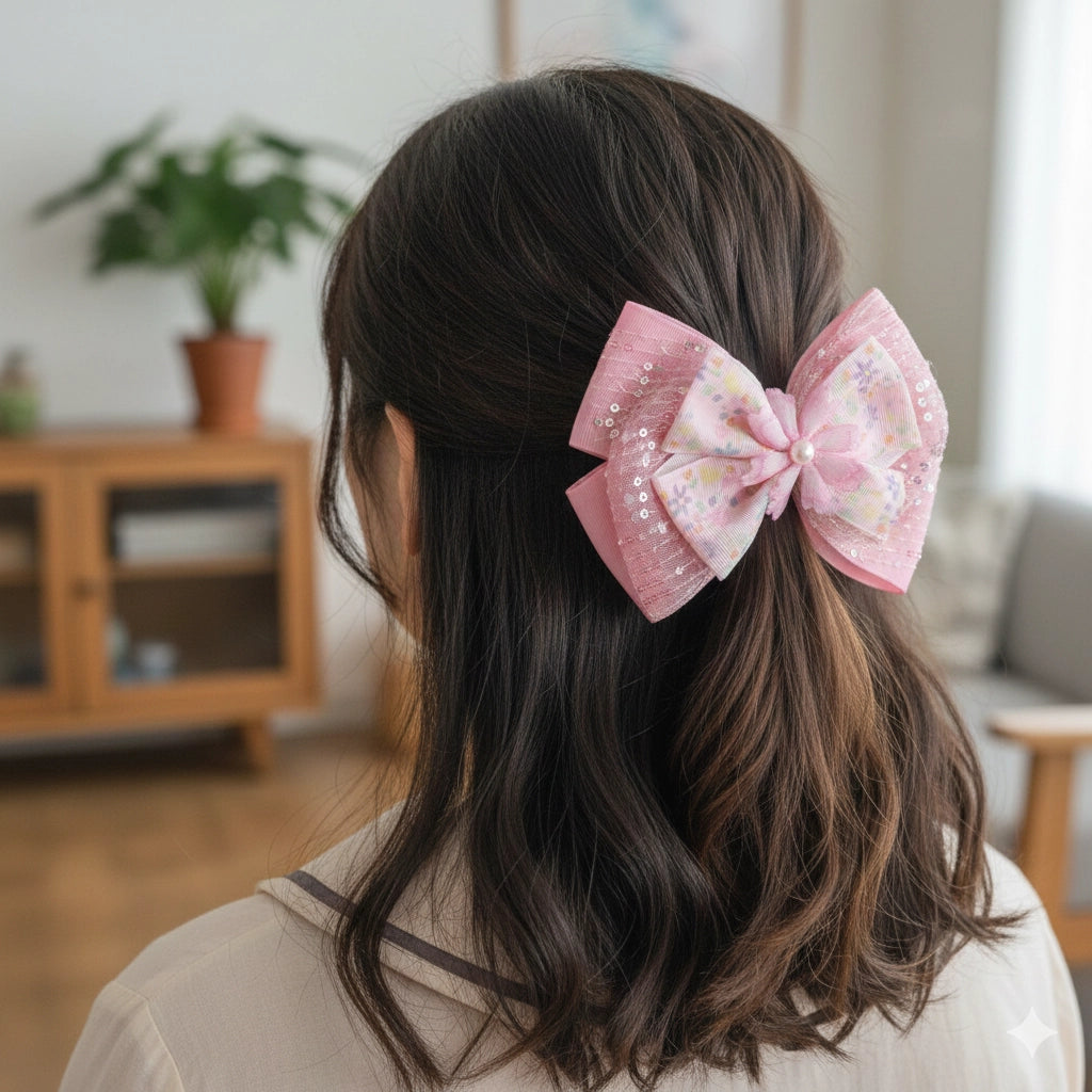 Large 6-Inch Floral Layered Hair Bow with Pearl Center - 15cm Sequin & Organza Alligator Clips for Women and Girls (HC-29539KN)