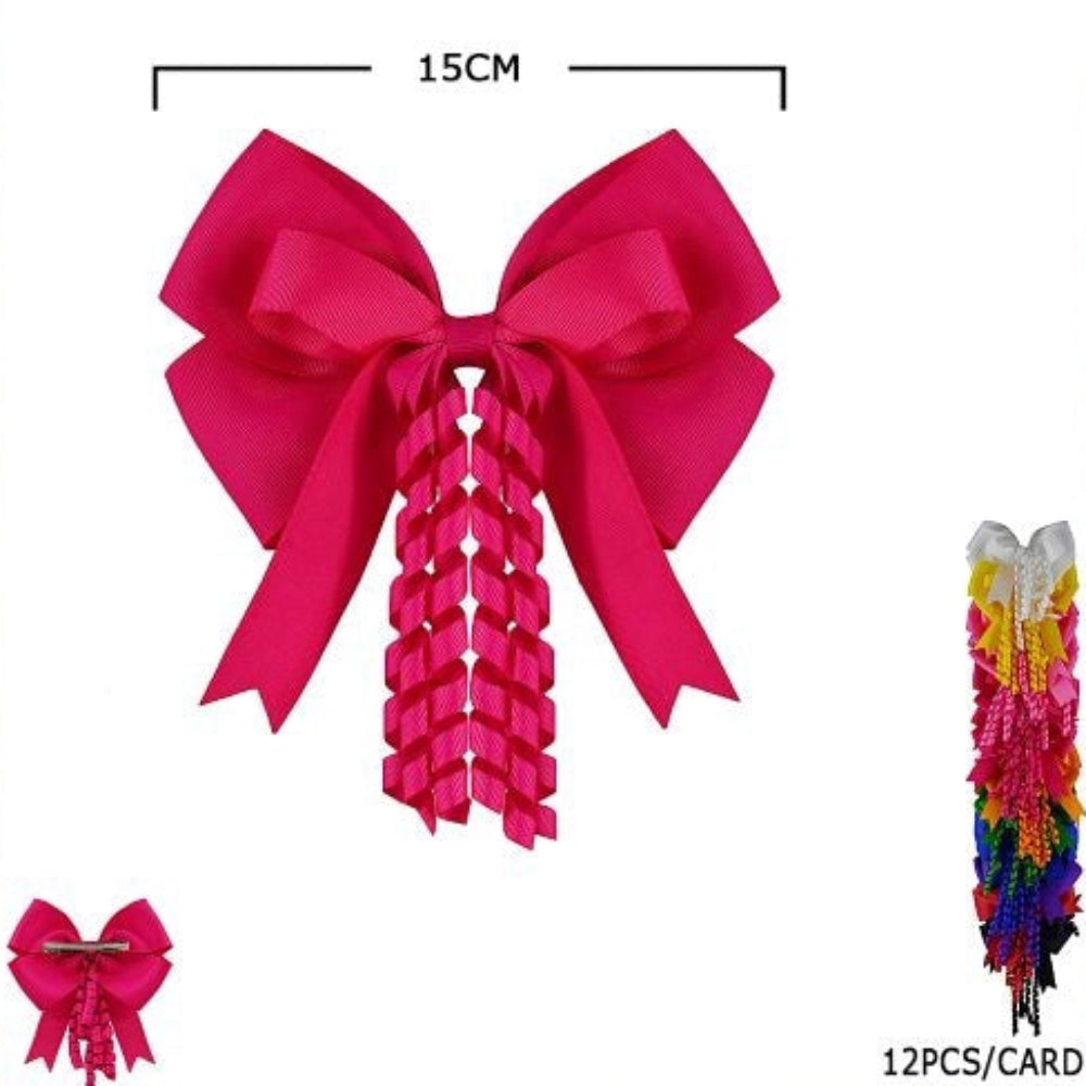 12pc Extra Large 15cm Cheerleader Hair Bows with Corkscrew Streamers (HC-29545R)