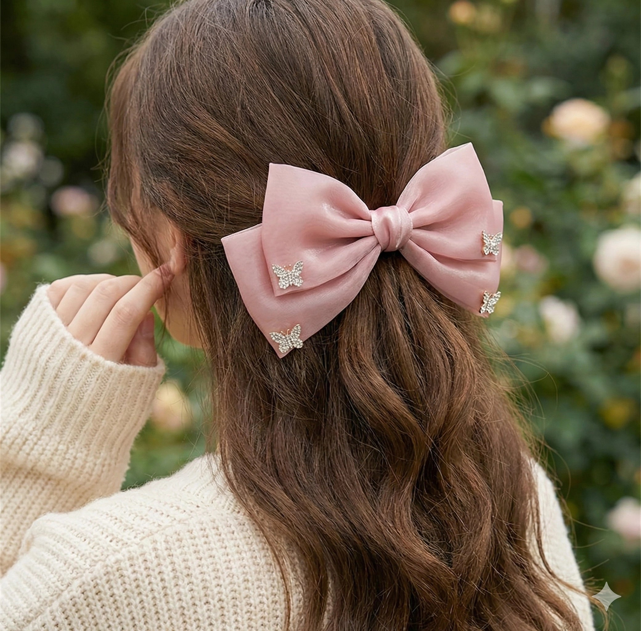 Large Chiffon Layered Bow Hair Clip with Butterfly Rhinestone Accents (HC-29548KN)