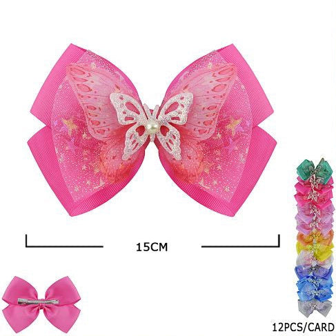 Enchanting Butterfly Hair Bows - 15cm Glitter & Tulle Alligator Clips (12-Piece Set) (HC-29549P)