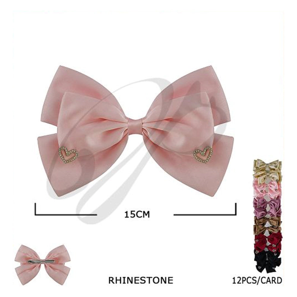 Exquisite Rhinestone Heart Ribbon Hair Bow Set (12-Piece Pack) (HC-29555BN)