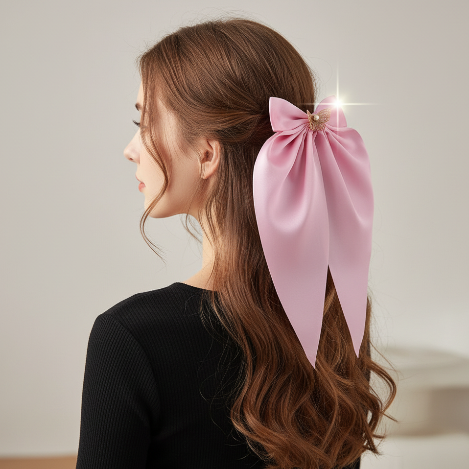 Butterfly Embellished Satin Long Tail Hair Bow - Elegant Oversized Hair Clip for Women & Girls (HC-29561M)