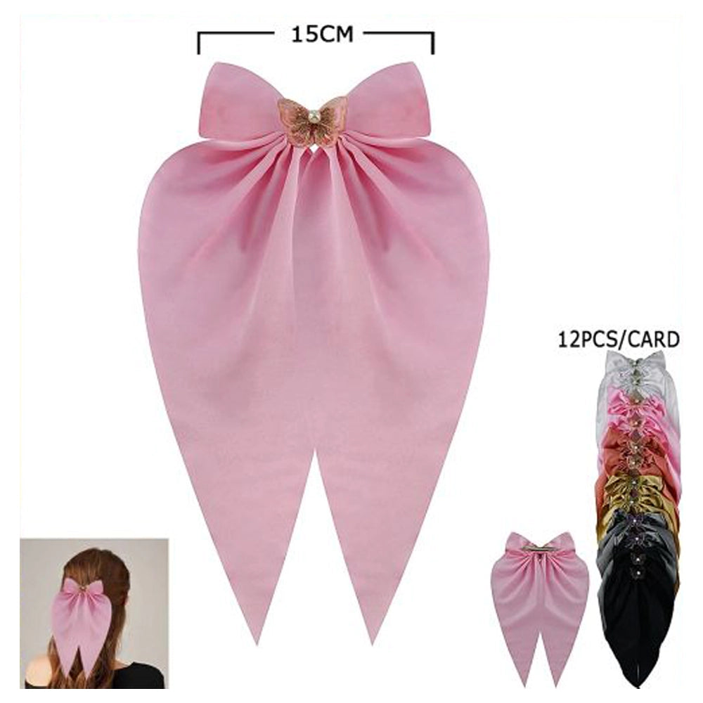 Butterfly Embellished Satin Long Tail Hair Bow - Elegant Oversized Hair Clip for Women & Girls (HC-29561M)