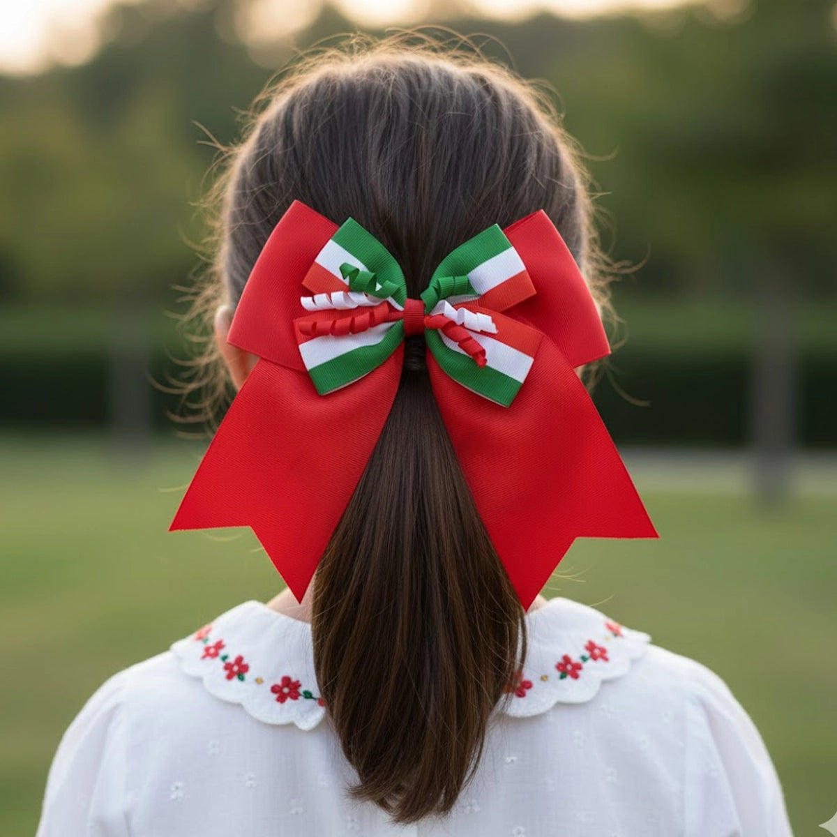 Festive Red, White & Green Layered Grosgrain Hair Bow - 15CM (HC-29582ME)