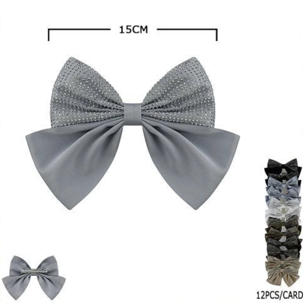 12pc Large Rhinestone Bow Hair Clip Set - 15cm Sparkling Fabric Hair Bows for Women & Girls (HC-29591W)
