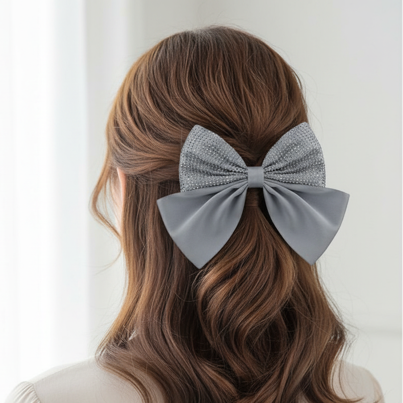 12pc Large Rhinestone Bow Hair Clip Set - 15cm Sparkling Fabric Hair Bows for Women & Girls (HC-29591W)