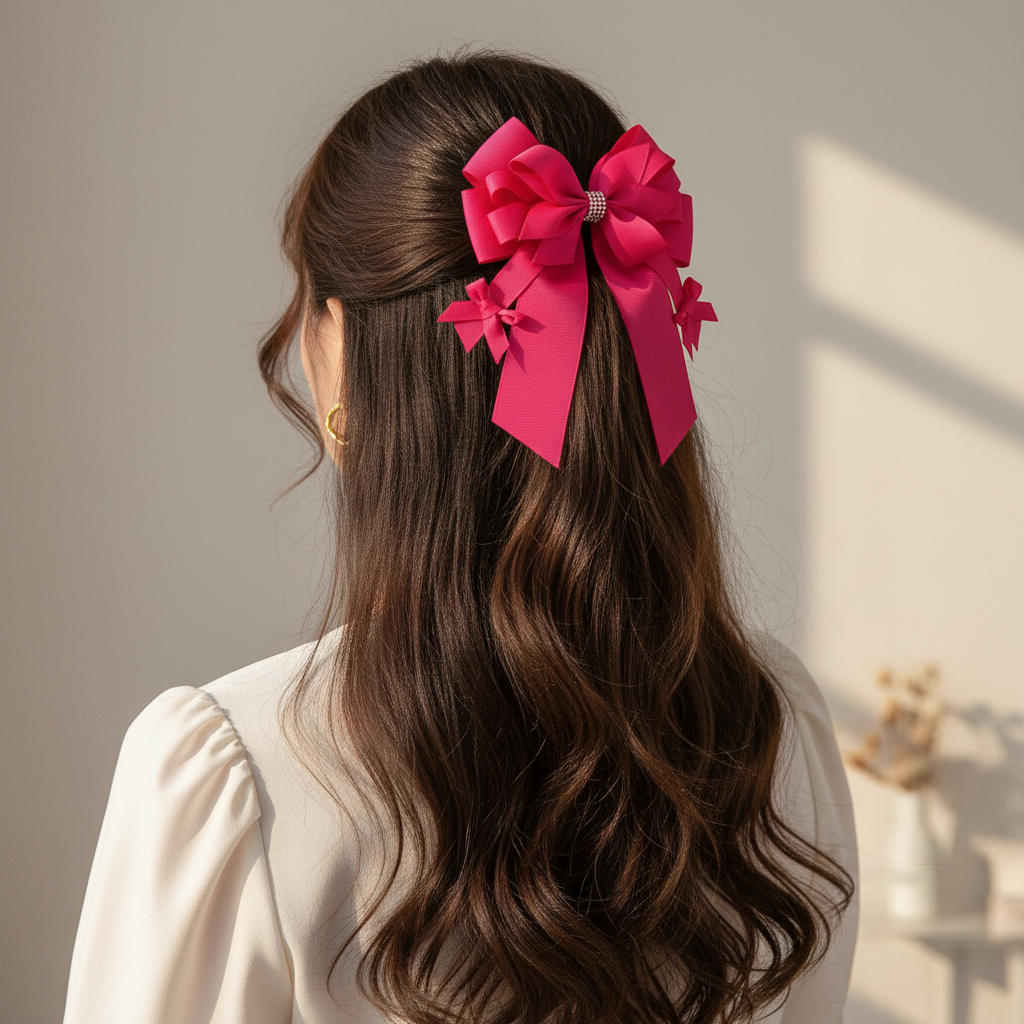 Elegant Large Rhinestone Grosgrain Bow with Long Streamers (HC-29613M)