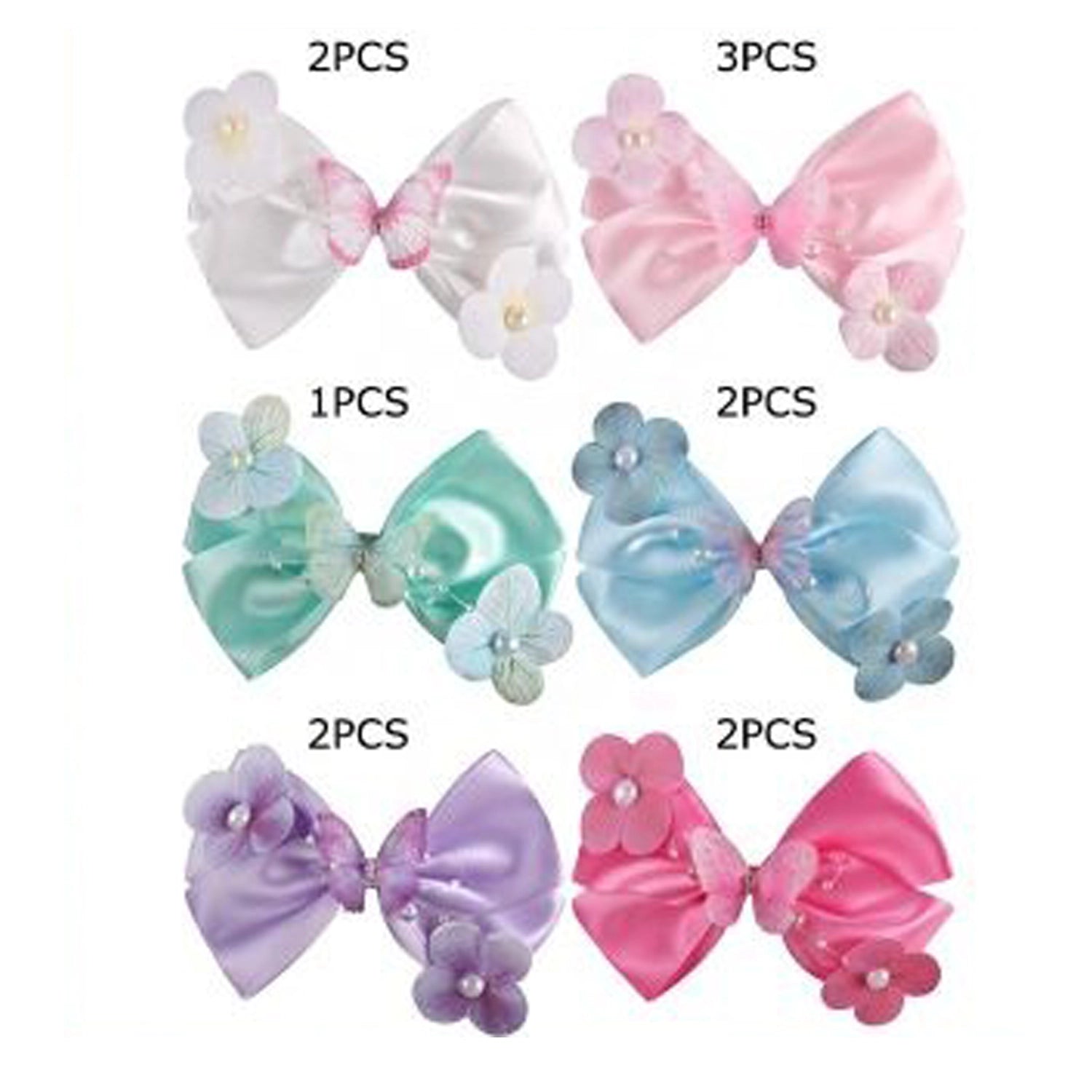 Butterfly Floral Satin Bow Hair Clips - 12 Piece Pastel Accessory Set (HC-29614M)