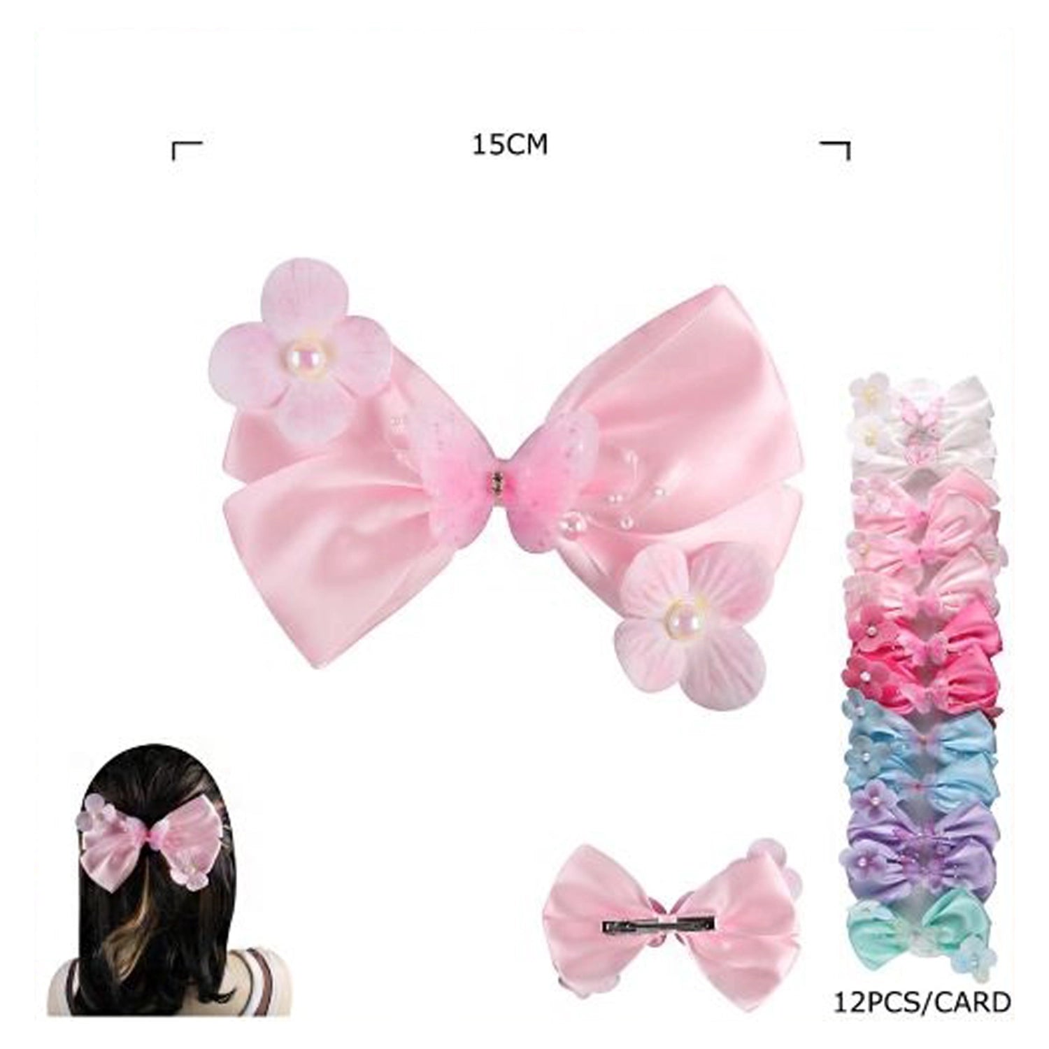 Butterfly Floral Satin Bow Hair Clips - 12 Piece Pastel Accessory Set (HC-29614M)