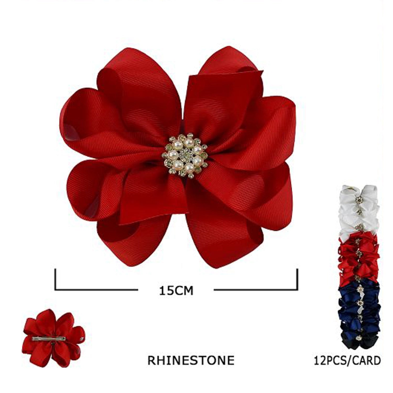 Elegant 15cm Grosgrain Ribbon Hair Bow with Rhinestone & Pearl Center (HC-29616E)