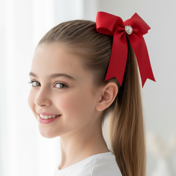 Large 6-Inch Grosgrain Ribbon Hair Bows with Rhinestone Heart Center – 12pc (HC-29617E)