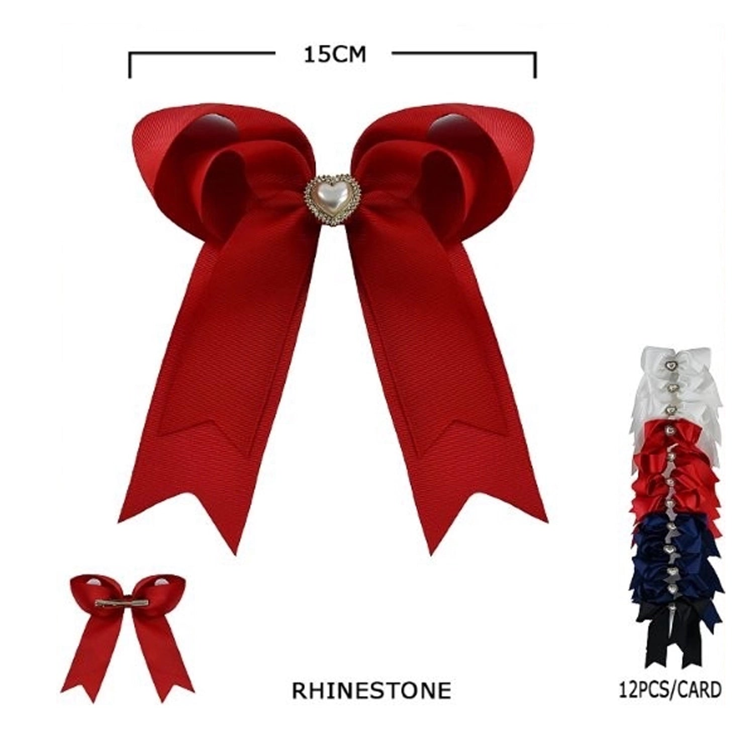 Large 6-Inch Grosgrain Ribbon Hair Bows with Rhinestone Heart Center – 12pc (HC-29617E)