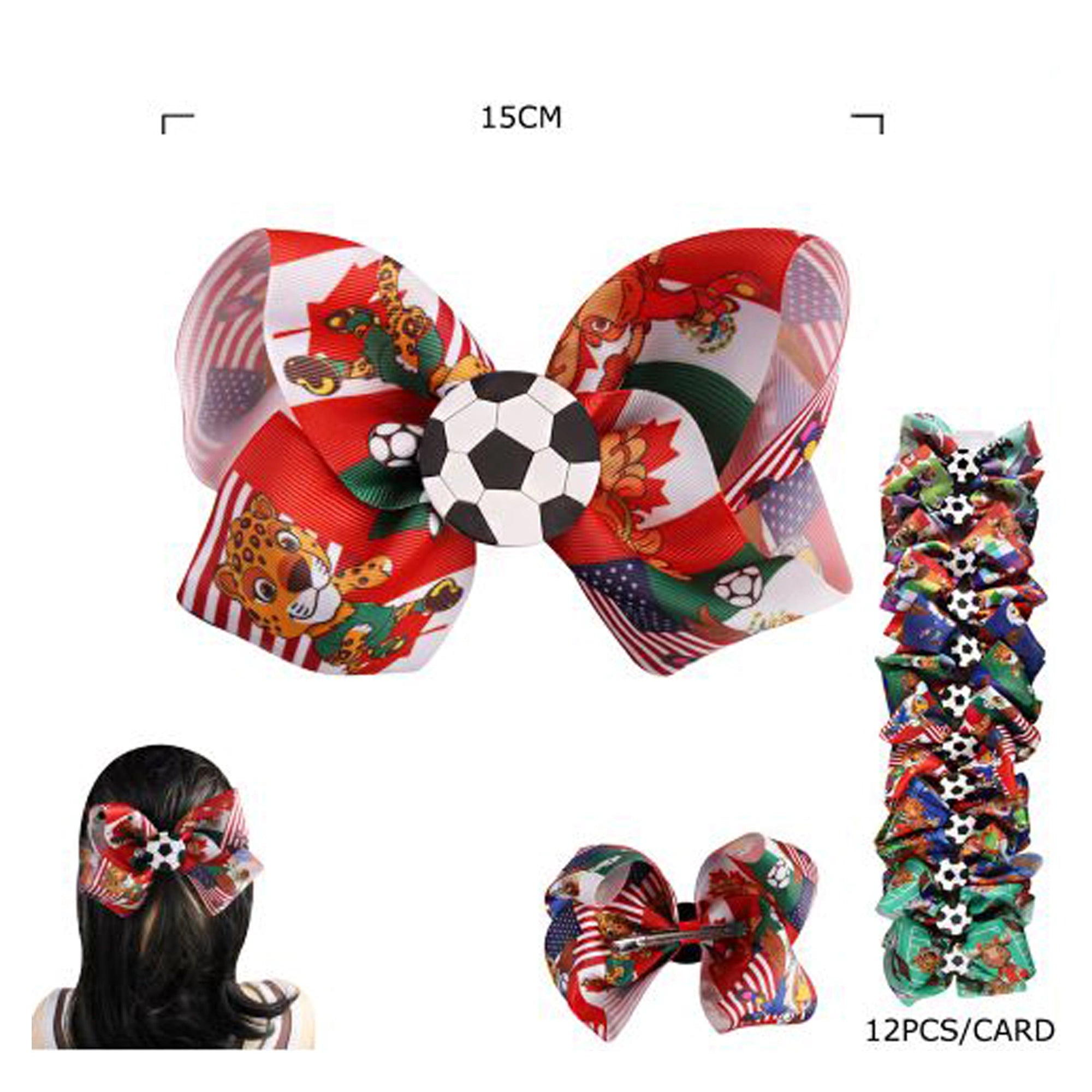 2026 World Football Championship Large Grosgrain Hair Bows - 12pc Set (HC-29629FI)