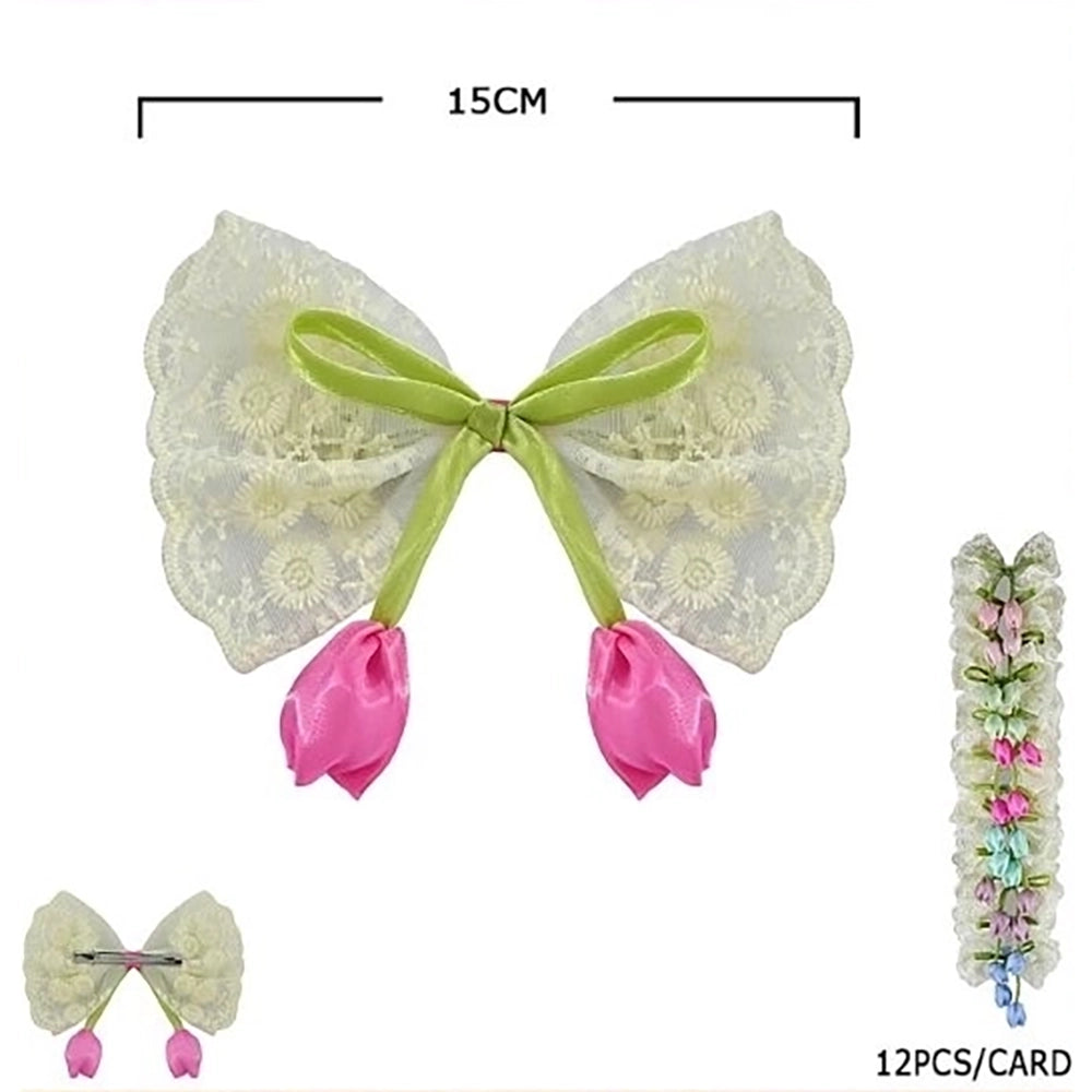 15cm Elegant Lace Bow Hair Clips with Tulip Accents – Floral Hair Accessories for Women & Girls 12pcs (HC-29639BN)